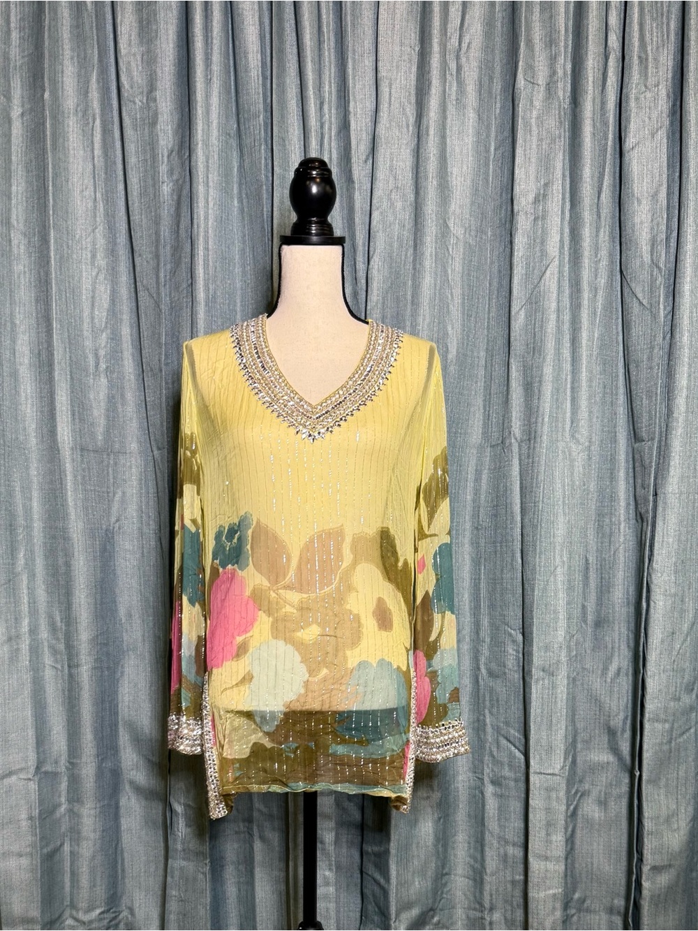 Monique Leshman Yellow Floral Beaded V-Neck Tunic